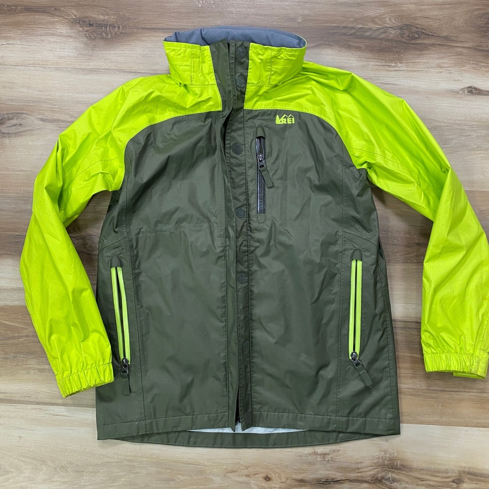 REI Rain Jacket Boys Size M 10-12 Waterproof Hooded Shell Green Lime Nylon